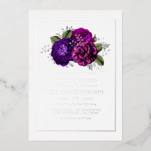 Invitation En Aluminium Mariage floral pourpre, violet, prune et argent