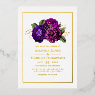 Invitation En Aluminium Mariage floral pourpre, violet, prune et or