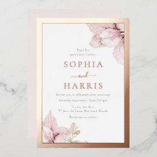 Invitation En Aluminium Mariage floral rose avec bordure en feuille d'or