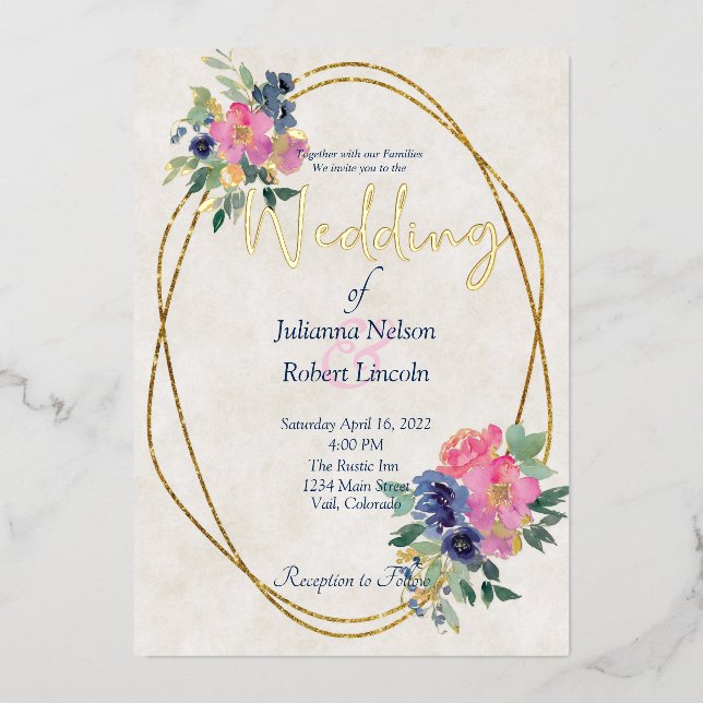 Invitation En Aluminium Mariage floral rose et bleu (Recto)