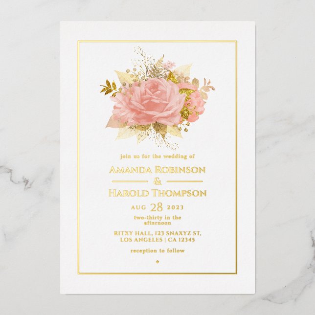 Invitation En Aluminium Mariage floral rose et or (Recto)