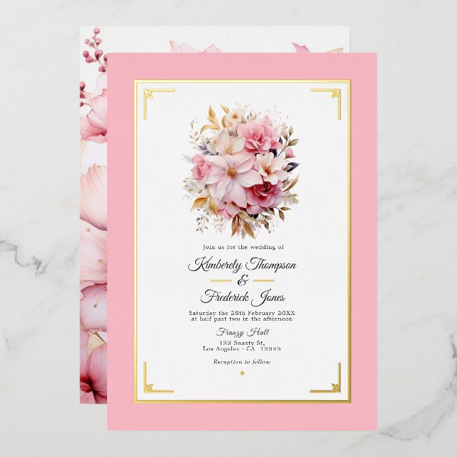 Invitation En Aluminium Mariage Floral Rose et Or (Recto/Verso)