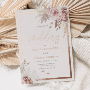 Invitation En Aluminium Mariage floral rose et poussiéreux avec bordure or