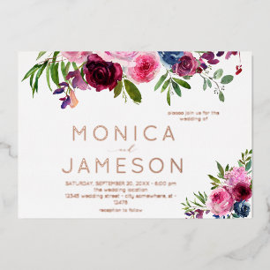 Invitation En Aluminium Mariage floral rose vif et bleu marine