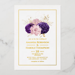Invitation En Aluminium Mariage floral rose, violet et or