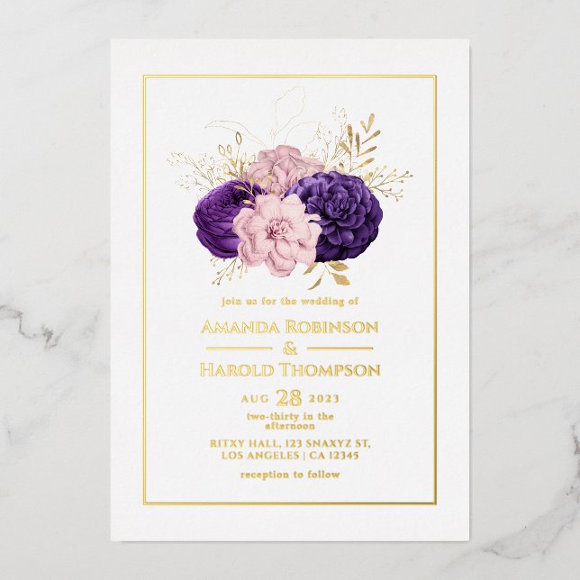 Invitation En Aluminium Mariage floral rose, violet et or (Recto)