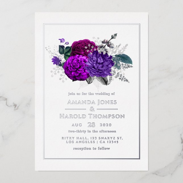Invitation En Aluminium Mariage Floral Royal violet et argenté (Recto)