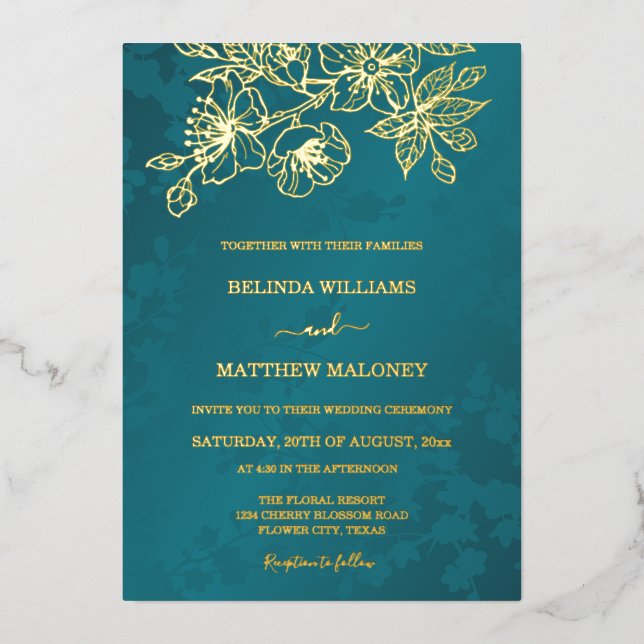 Invitation En Aluminium Mariage Floral Sarcelle Or (Recto)