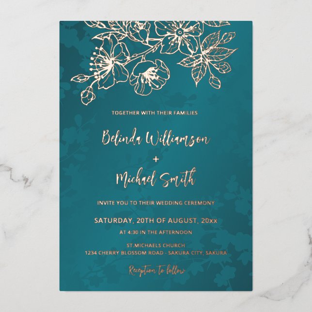 Invitation En Aluminium Mariage Floral Turquoise or rose (Recto)