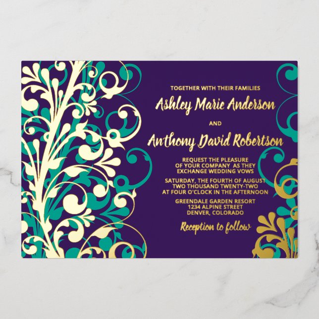 Invitation En Aluminium Mariage Floral Turquoise Véritable Purple Or (Recto)