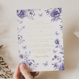 Invitation En Aluminium Mariage floral Vintage violet & or enchanté