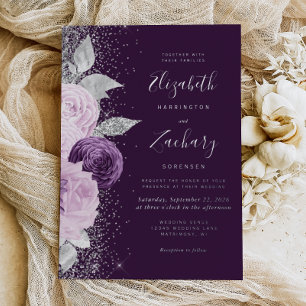 Invitation En Aluminium Mariage Floral Violet Foncé Paillettes Argentées