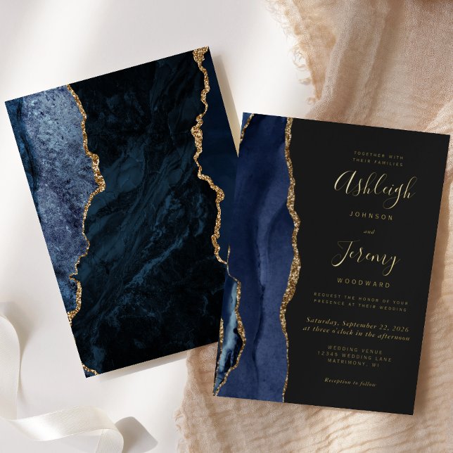 Invitation En Aluminium Mariage foncé moderne Gold Navy Blue Agate (Créateur téléchargé)