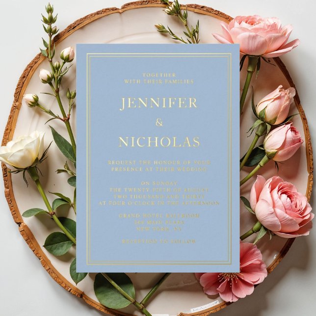 Invitation En Aluminium Mariage Formel Bleu Élégant Or (Elegant Formal Powder Blue Wedding Gold Foil Invitation)