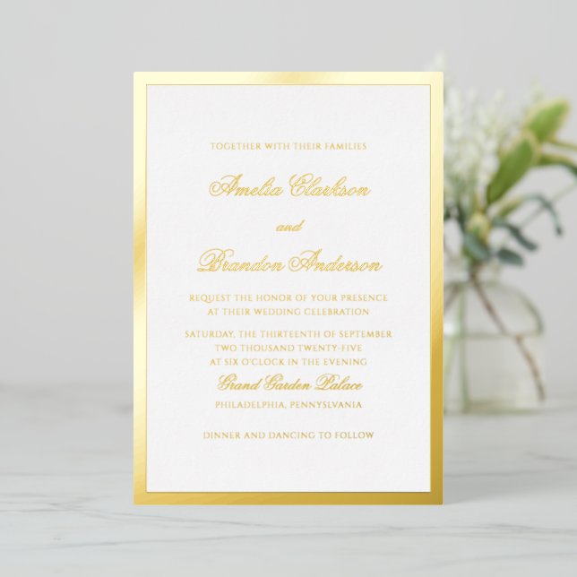 Invitation En Aluminium Mariage Formel Luxueux Gold Border Script (Debout devant)