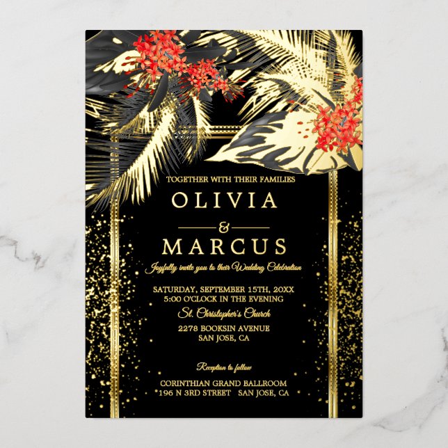 Invitation En Aluminium Mariage | Fougère tropicale noire Plumeria cramois (Recto)