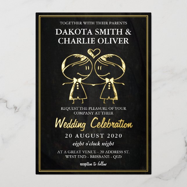 Invitation En Aluminium Mariage gay noir et or (Recto)