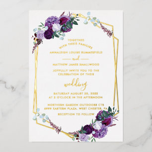 Invitation En Aluminium Mariage géométrique à l'écriture florale violette