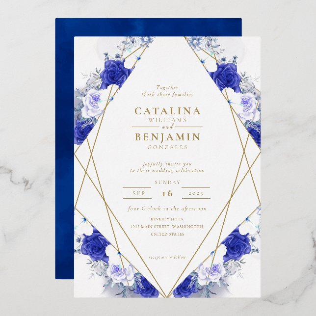 Invitation En Aluminium Mariage géométrique bleu bleu violet or (Recto/Verso)