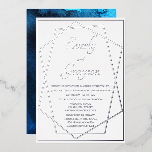 Invitation En Aluminium Mariage géométrique bleu et argent (Recto/Verso)