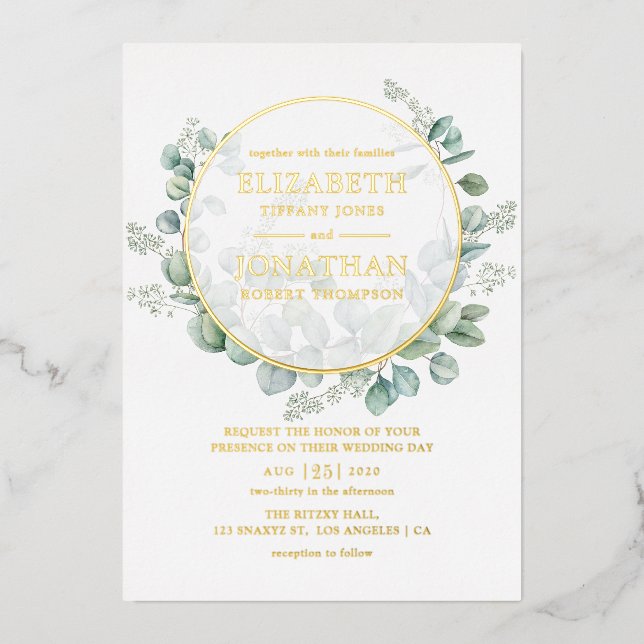 Invitation En Aluminium Mariage géométrique doré Eucalyptus (Recto)