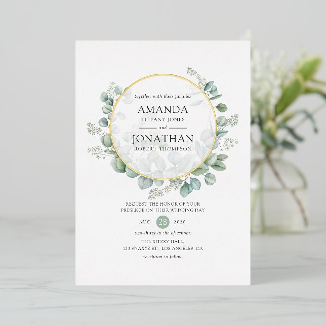 Invitation En Aluminium Mariage géométrique doré Eucalyptus (Debout devant)