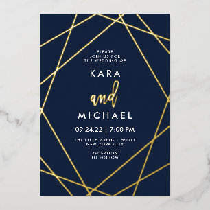 Invitation En Aluminium Mariage géométrique élégant Gold et Midnight Blue