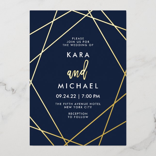 Invitation En Aluminium Mariage géométrique élégant Gold et Midnight Blue (Recto)