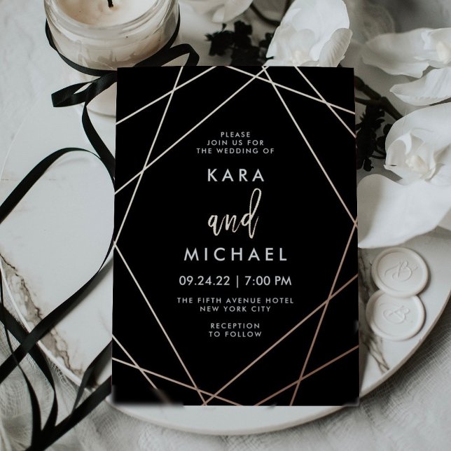 Invitation En Aluminium Mariage géométrique rose Gold et Black Elegant (Créateur téléchargé)