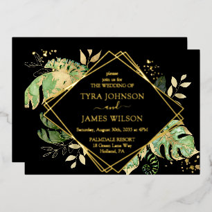 Invitation En Aluminium Mariage géométrique Tropical Noir & Or