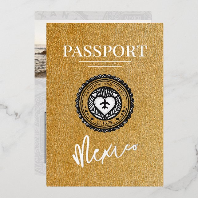 Invitation En Aluminium Mariage Gold Mexico Passport (Recto/Verso)