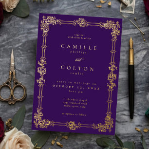 Invitation En Aluminium Mariage gothique aux ornements violets et dorés vi