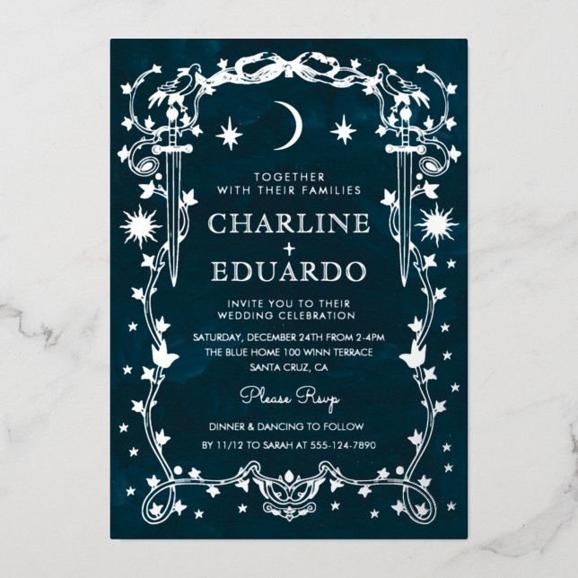 Invitation En Aluminium Mariage gothique céleste en feuille d'argent (Recto)