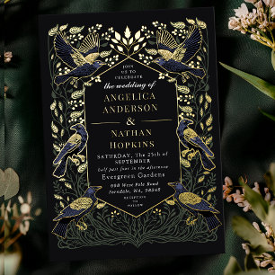 Invitation En Aluminium Mariage gothique enchanté floral raven vert
