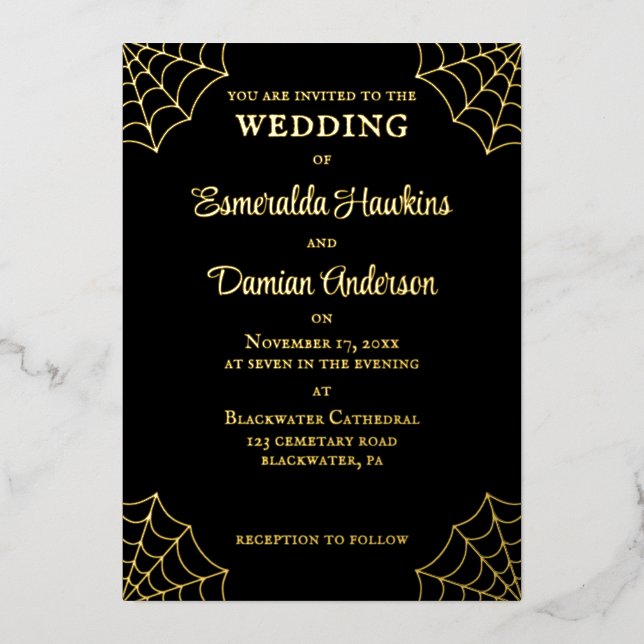 Invitation En Aluminium Mariage gothique noir et or Toile d'araignée (Recto)