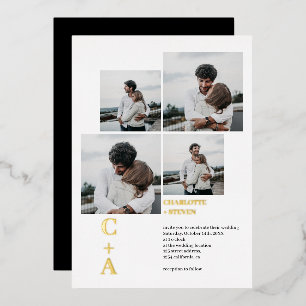 Invitation En Aluminium Mariage grille 4 photos en or avec police moderne