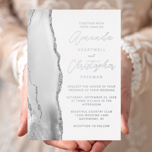 Invitation En Aluminium Mariage gris argent Agate Script (Créateur téléchargé)