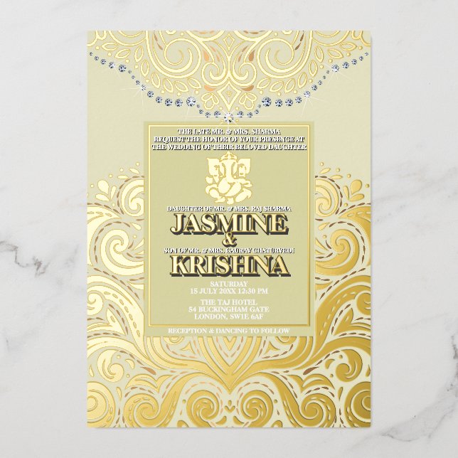 Invitation En Aluminium Mariage hindou LuxGlitter Gold Ganesha (Recto)