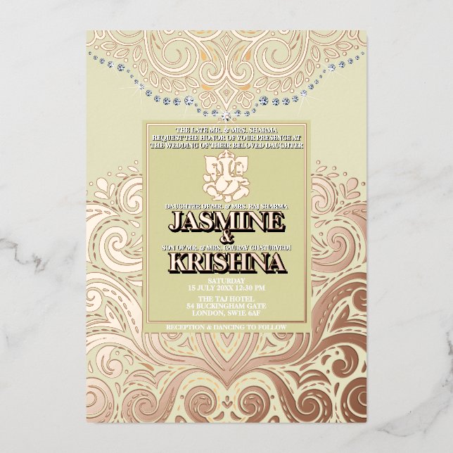 Invitation En Aluminium Mariage hindou LuxGlitter ivoire roseOr Ganesha (Recto)