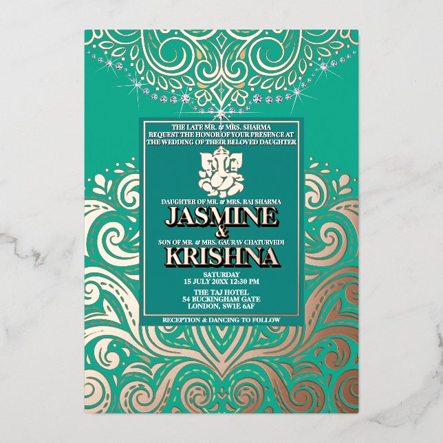 Invitation En Aluminium Mariage hindou LuxGlitter Peacock PinkGold Ganesha (Recto)