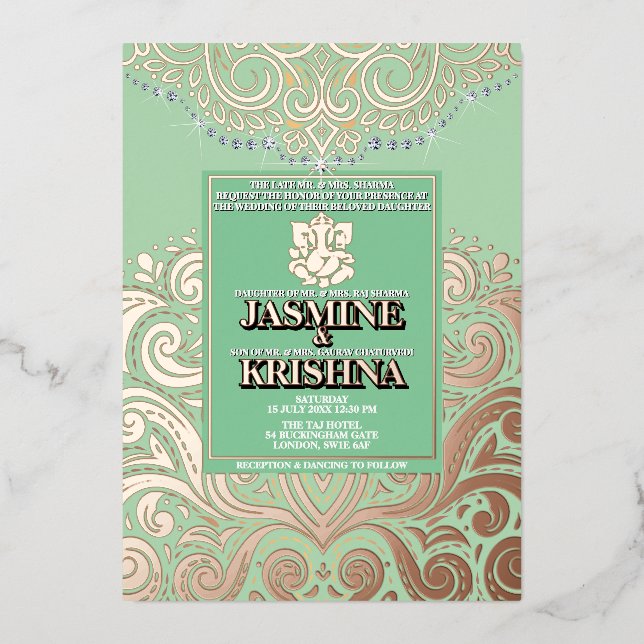 Invitation En Aluminium Mariage hindou LuxGlitter Sage roseGold Ganesha (Recto)