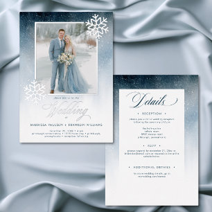 Invitation En Aluminium Mariage hivernal à l'aquarelle bleue enneigée rect