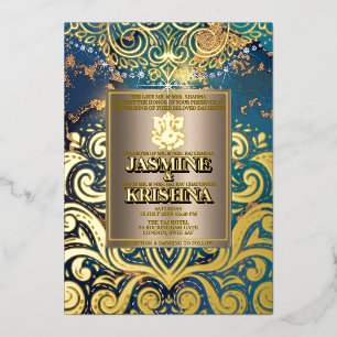 Invitation En Aluminium Mariage indien LuxGlitter Blue Gold Hindu Ganesha
