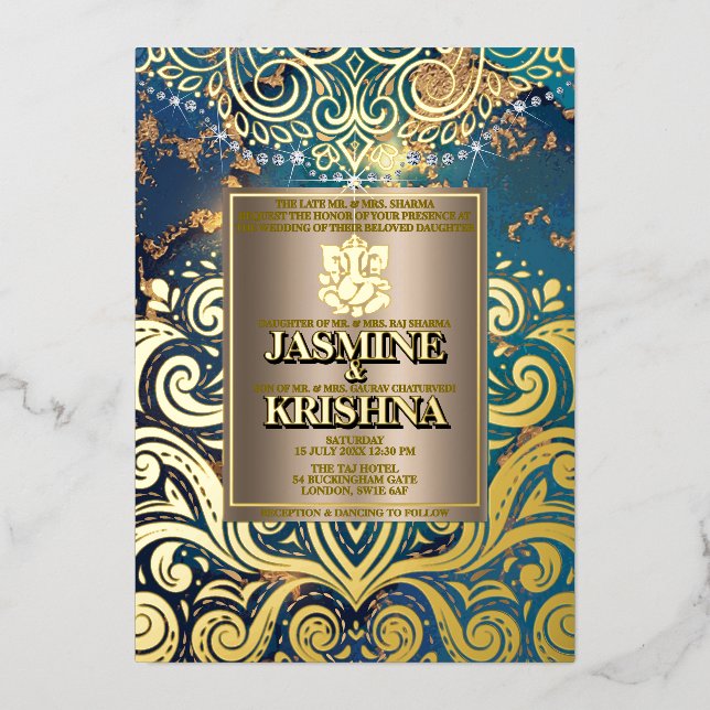 Invitation En Aluminium Mariage indien LuxGlitter Blue Gold Hindu Ganesha (Recto)