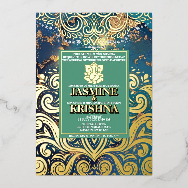 Invitation En Aluminium Mariage indien LuxGlitter Blue Gold Hindu Ganesha (Recto)