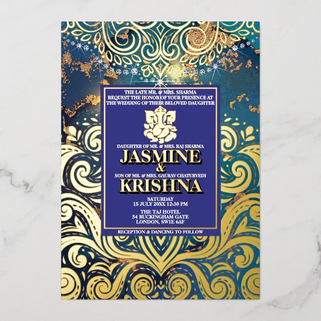 Invitation En Aluminium Mariage indien LuxGlitter Blue Gold Hindu Ganesha (Recto)