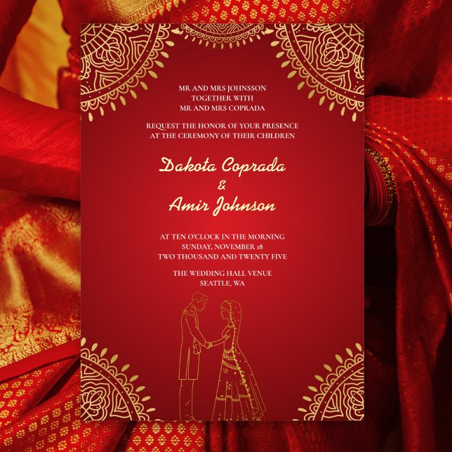 Invitation En Aluminium Mariage indien Red Gold Motifs (Créateur téléchargé)