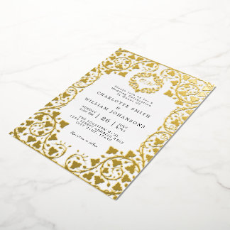 Invitation En Aluminium Mariage Initial Cadre Floral Or Elégant Blanc