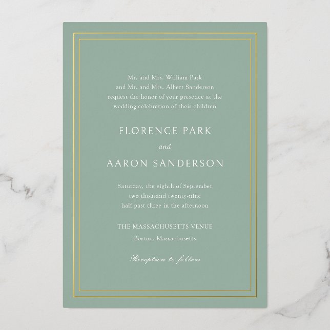 Invitation En Aluminium Mariage intemporel traditionnel Sage vert (Recto)