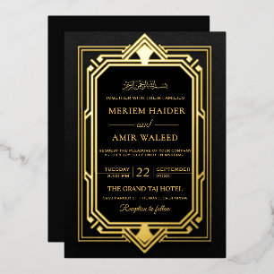 Invitation En Aluminium Mariage islamique Art Déco noir et or vintage